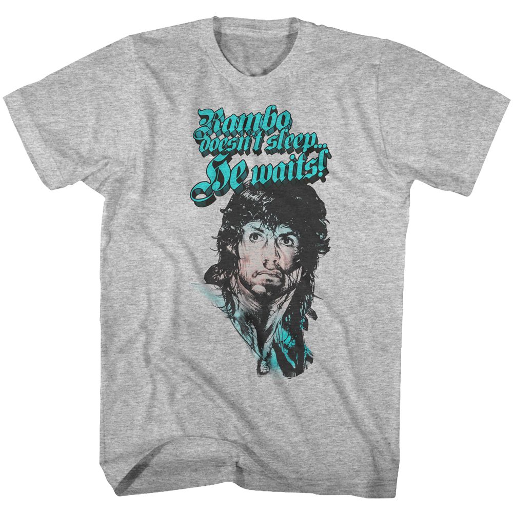Gray Heather Rambo t-shirt featuring a Rain on Your Face design