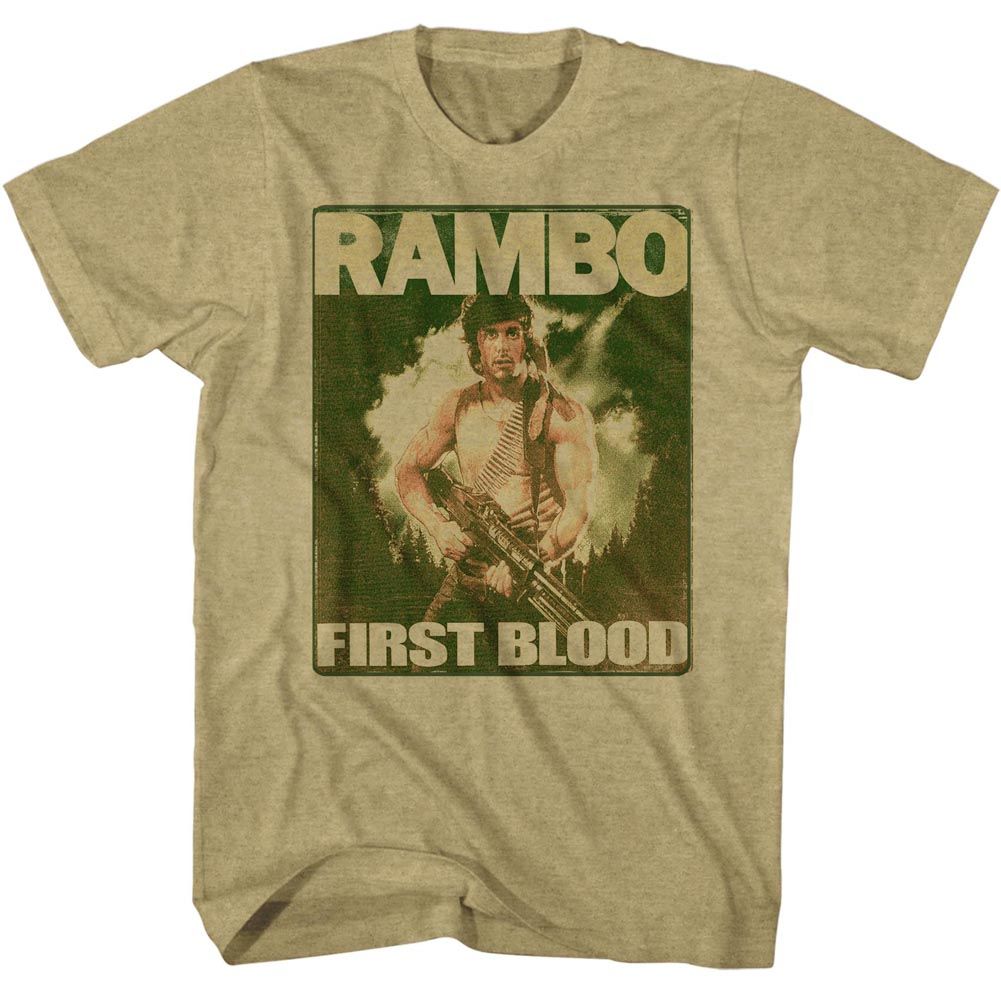 Khaki Heather Rambo t-shirt featuring a Rambo poster design
