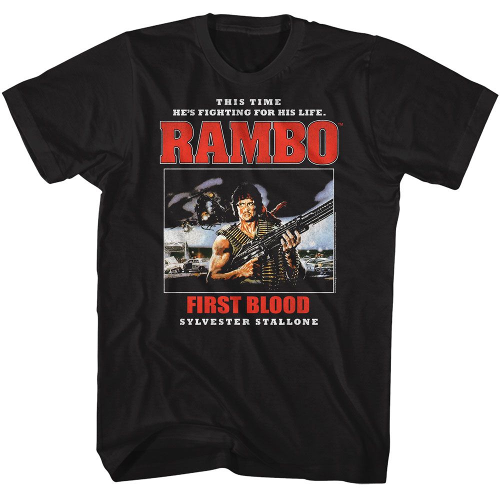 Black Rambo t-shirt featuring a Rambo Text Stack design