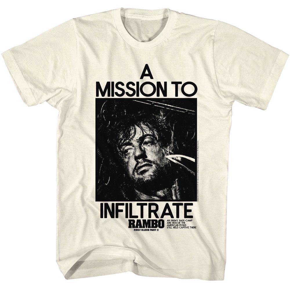 Natural Rambo t-shirt featuring a Mission to Infiltrate design