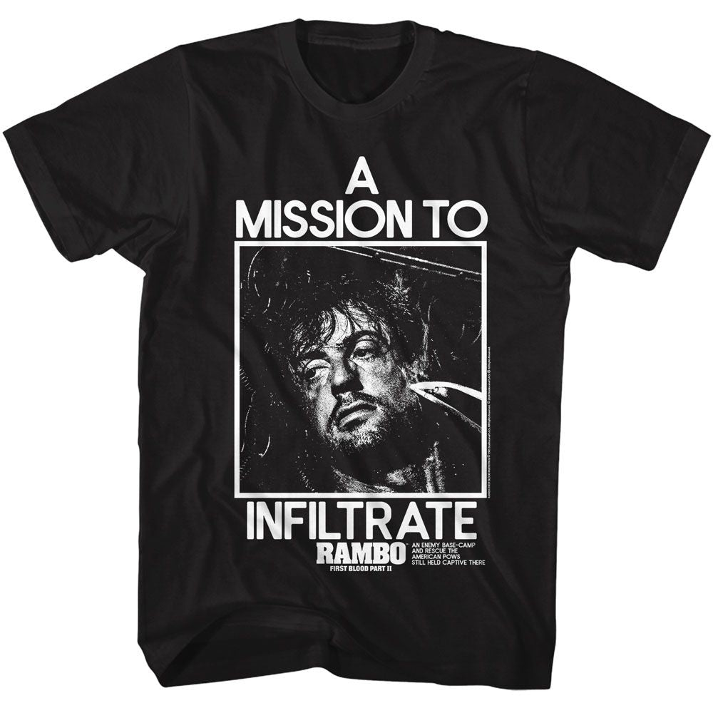Black Rambo t-shirt featuring an Infiltrate design