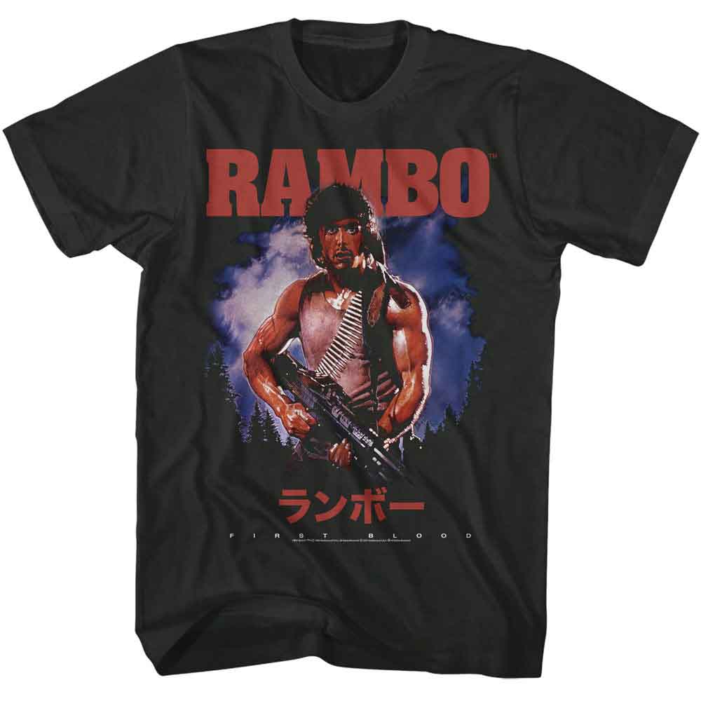 Smoke Gray Rambo t-shirt featuring a First Blood Japanese poster design