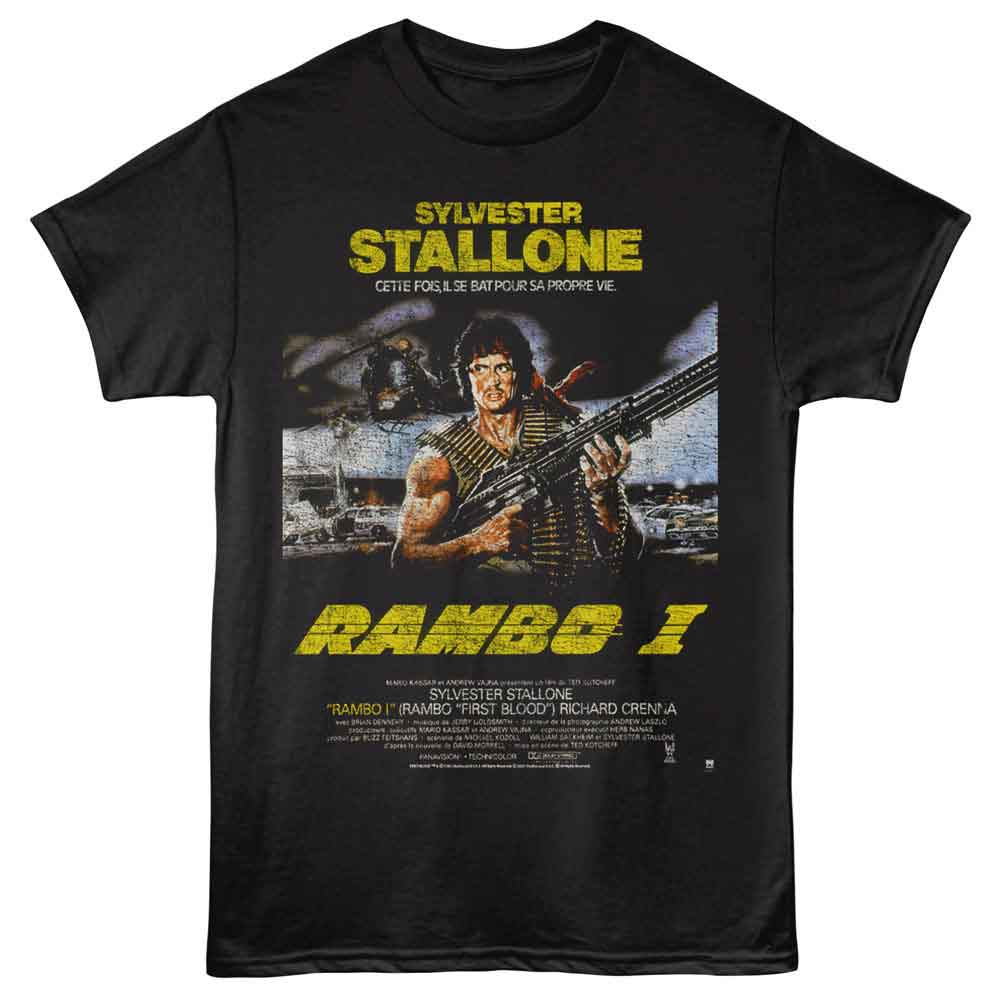 Black Rambo t-shirt featuring a Rambo French poster design