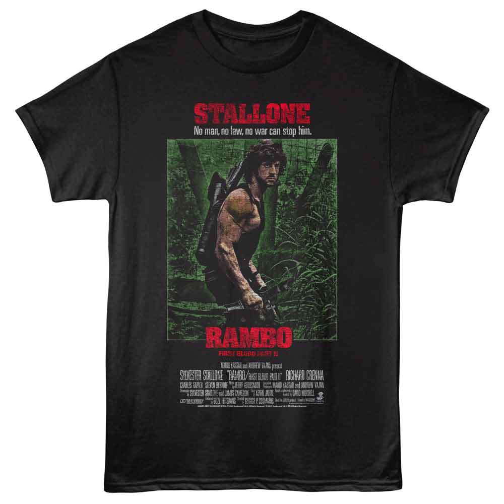 Black Rambo t-shirt featuring a First Blood jungle poster design