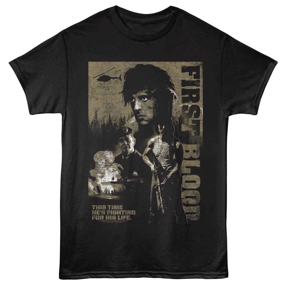 Black Rambo t-shirt featuring a Fighting for His Life design