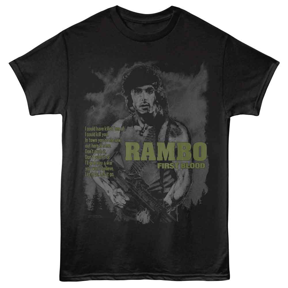 Black Rambo t-shirt featuring a Don't Push It design