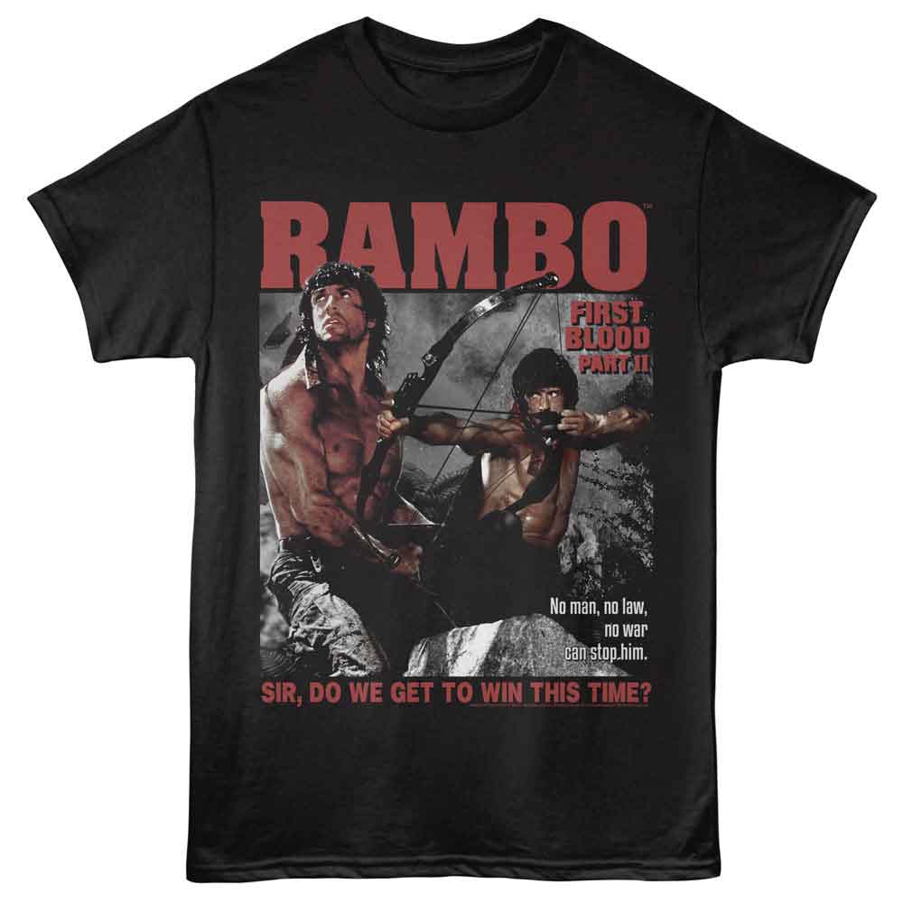 Black Rambo t-shirt featuring a Win This Time design