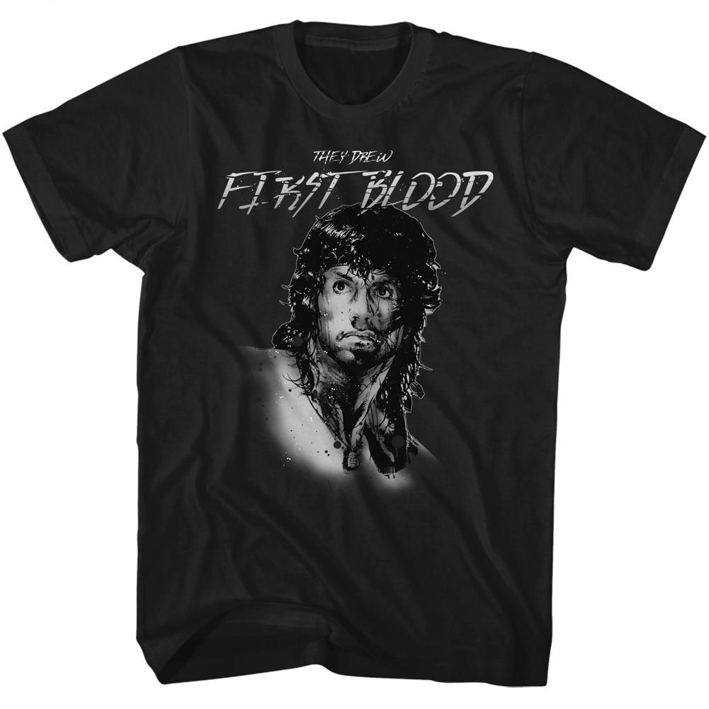 Black Rambo t-shirt featuring a Feels Like the First Time design