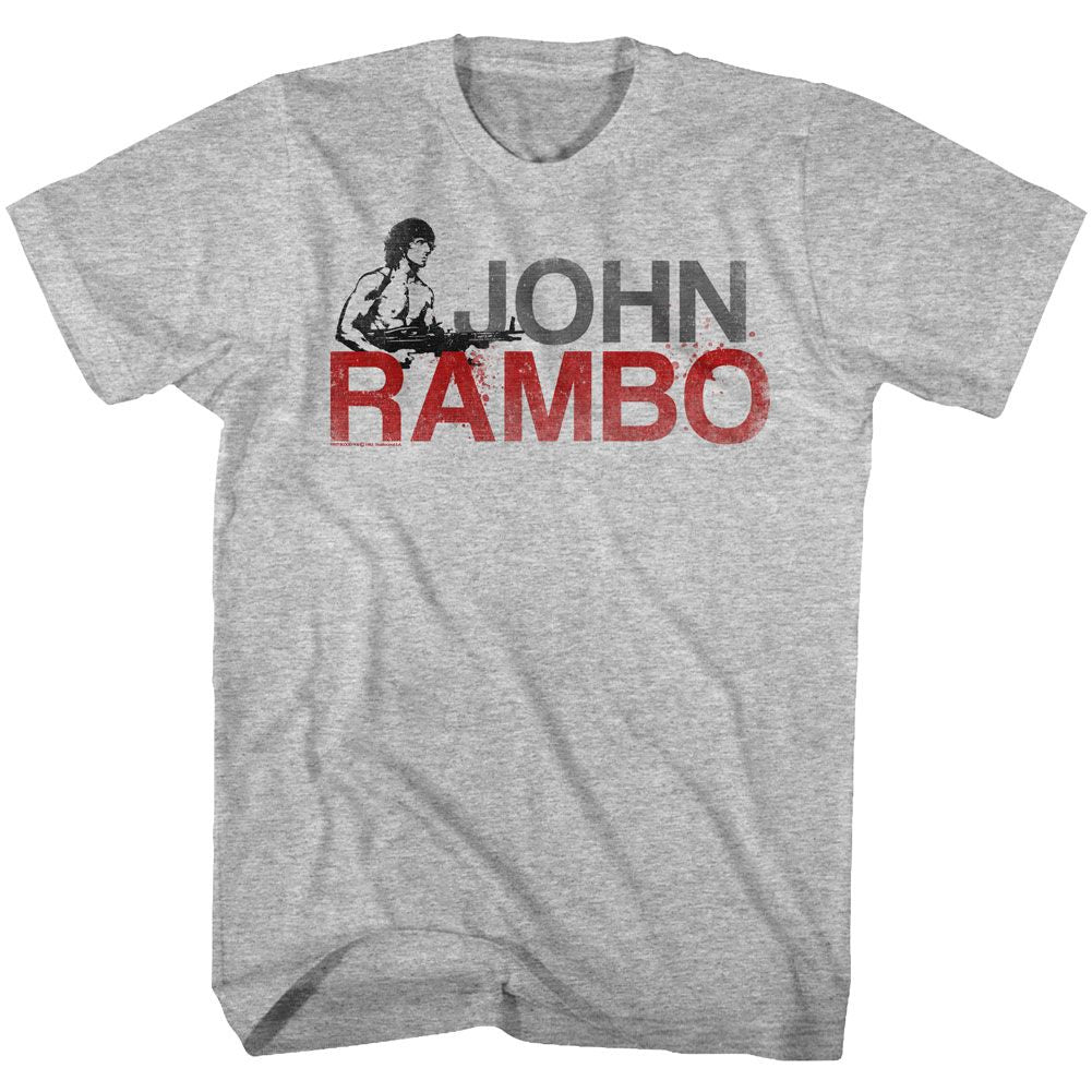 Gray Heather Rambo t-shirt featuring a Jonbo design