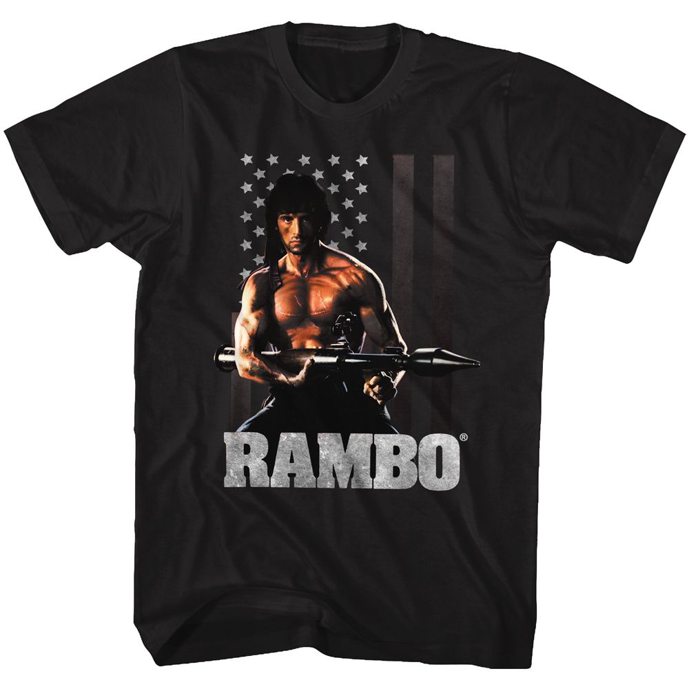 Black Rambo t-shirt featuring a Ramberica design