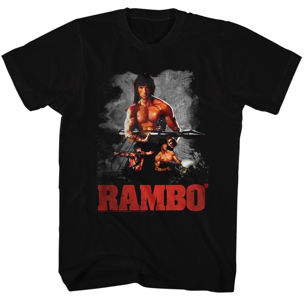 Black Rambo t-shirt featuring a 3 Way Rambo design