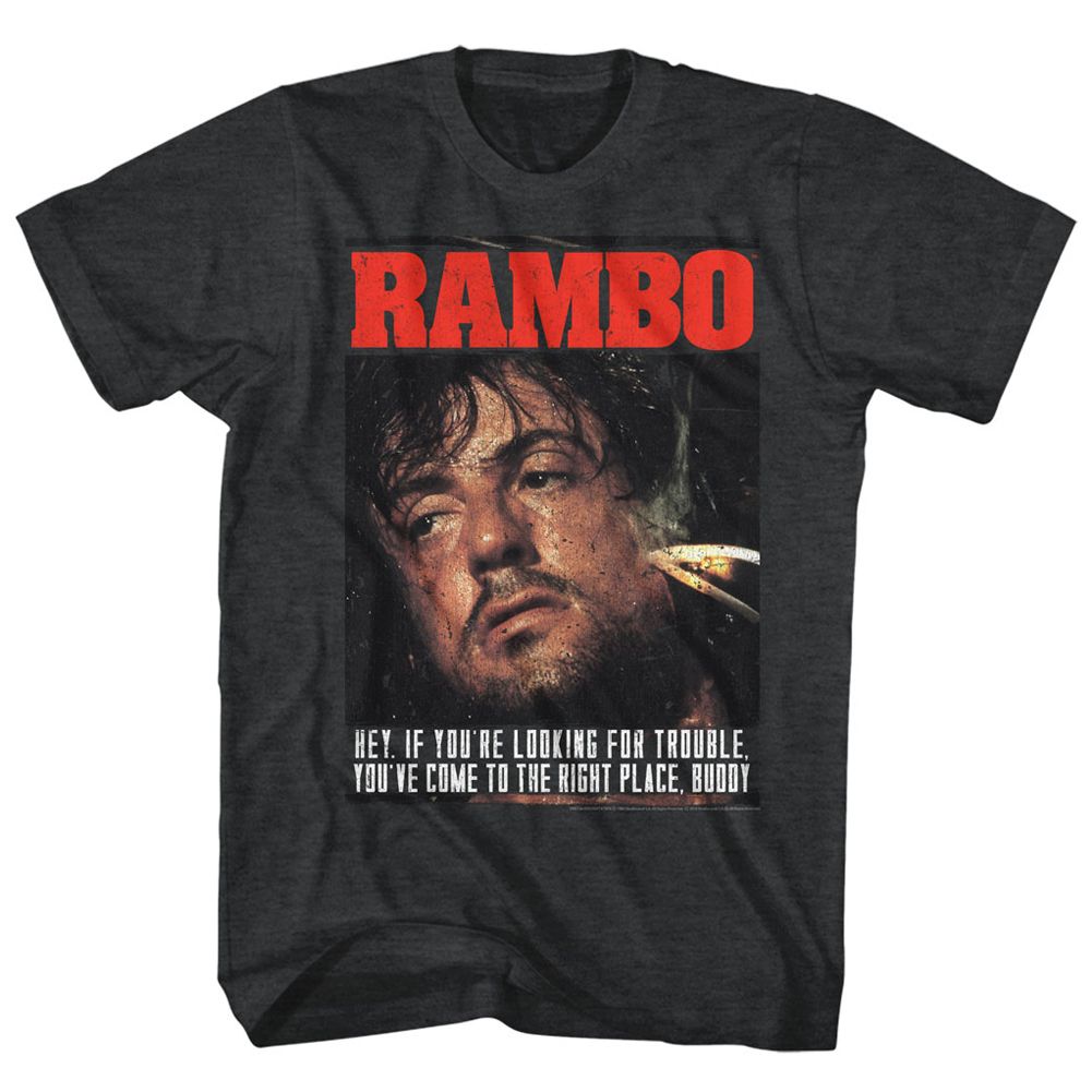 Black Heather Rambo t-shirt featuring a Gimme Dat Sizzle design