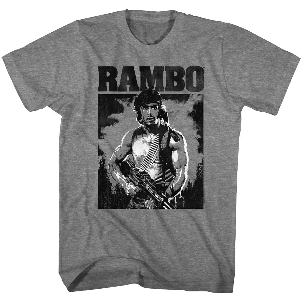 Graphite Heather Rambo t-shirt featuring a Black and White Rambo design