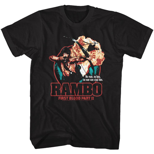 Black Rambo t-shirt featuring a 1st Blood Part II design