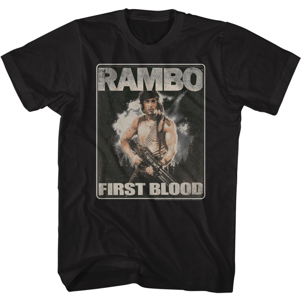 Black Rambo t-shirt featuring a First Blood design