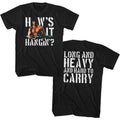 Black Rambo t-shirt featuring a How's It Hangin design