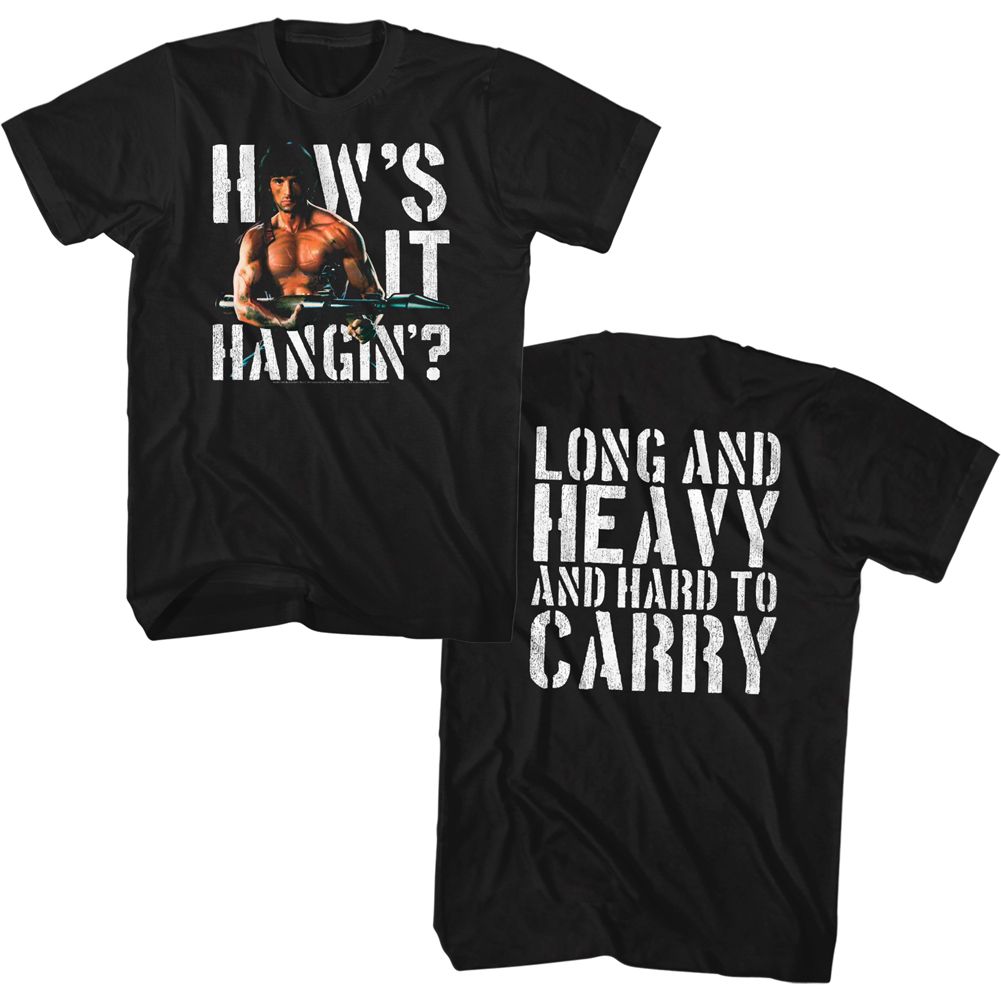 Black Rambo t-shirt featuring a How's It Hangin design