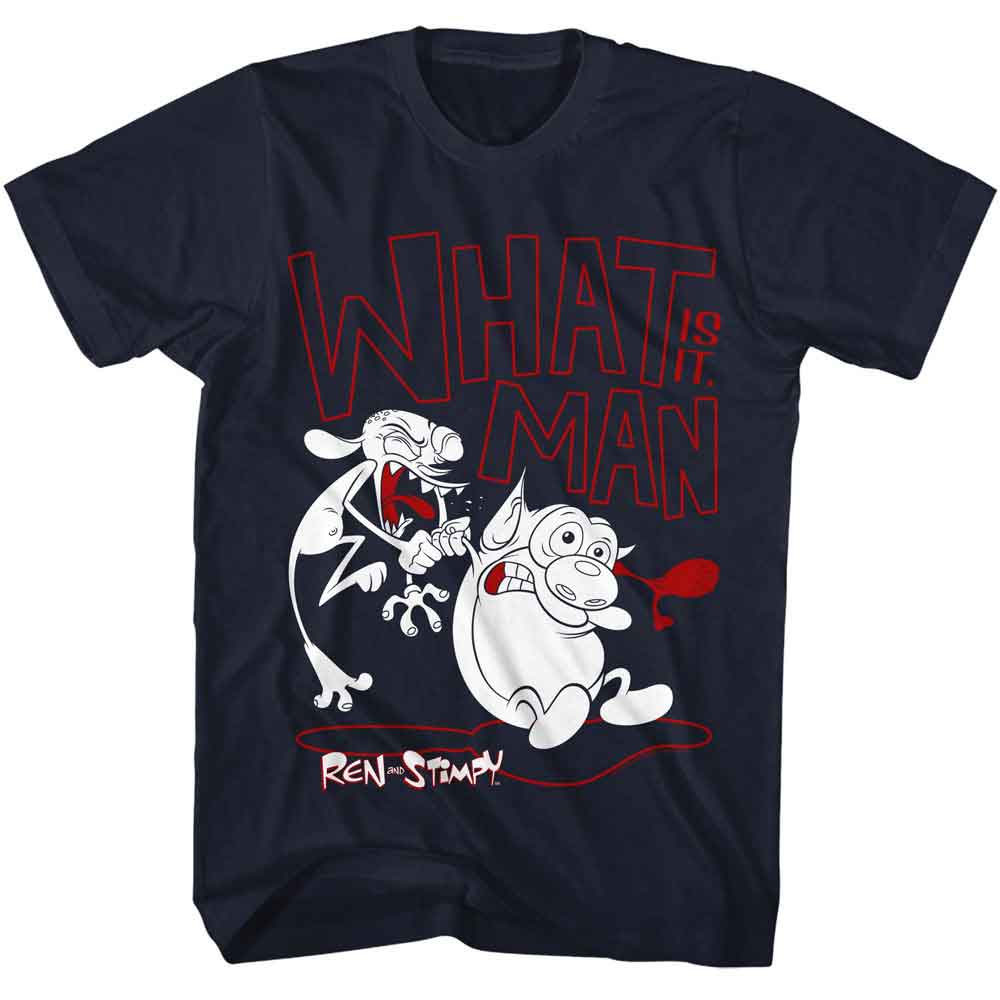 Navy Ren and Stimpy t-shirt featuring a What Is It Man design