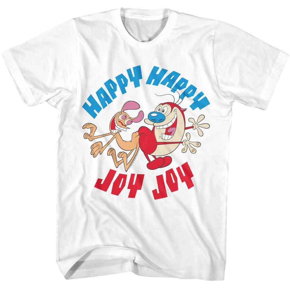 White Ren and Stimpy t-shirt featuring a Happy Happy Joy Joy design