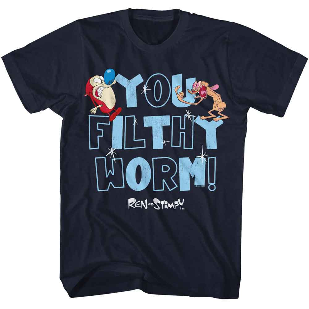 Navy Ren and Stimpy t-shirt featuring a You Filthy Worm design