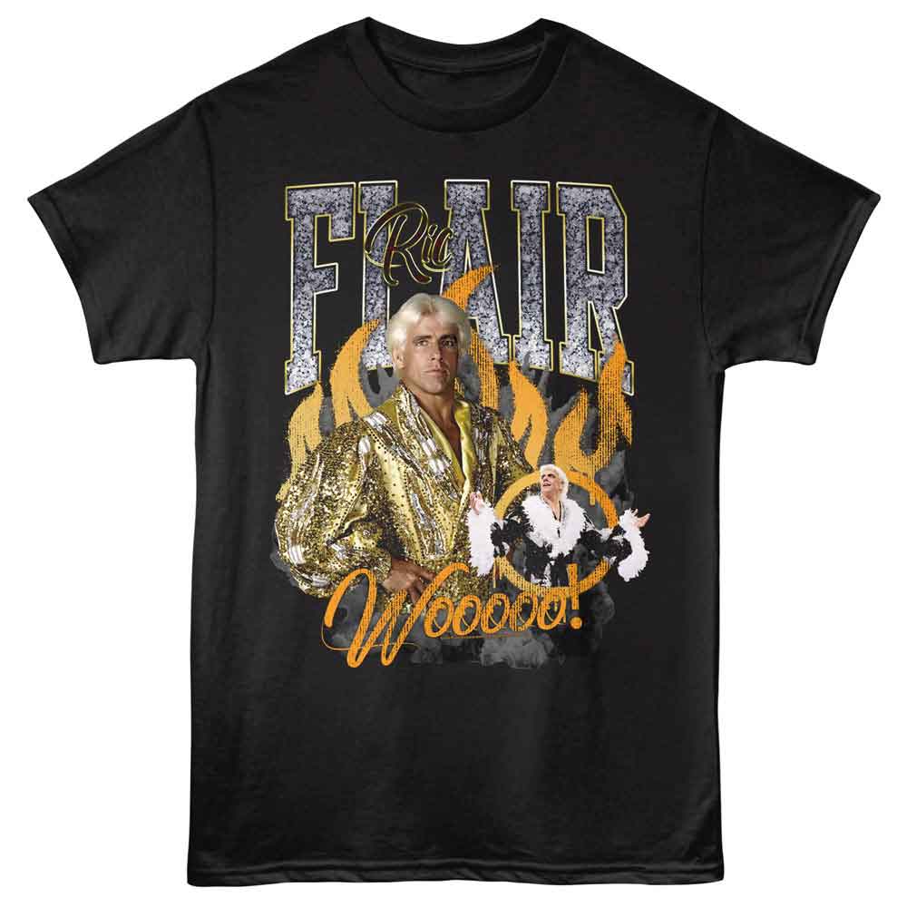 Black Ric Flair t-shirt featuring a Wooooo Flames design