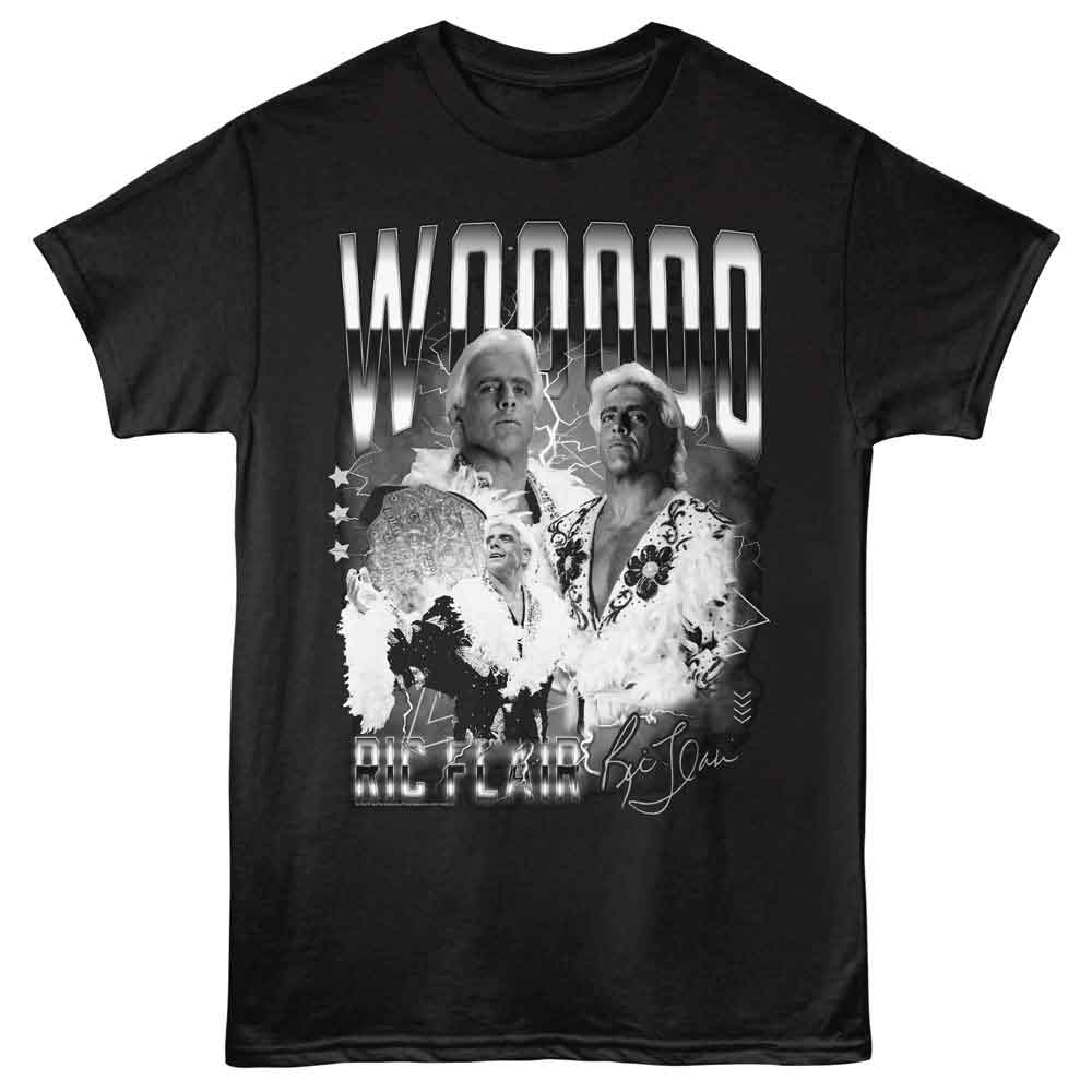 Black Ric Flair t-shirt featuring a Black and White Woo Collage design