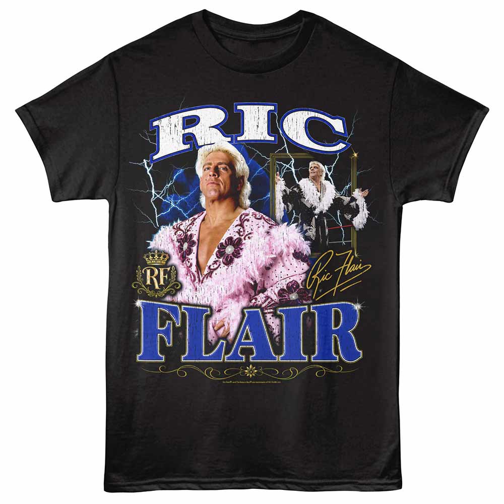 Black Ric Flair t-shirt featuring a Lightning Collage design
