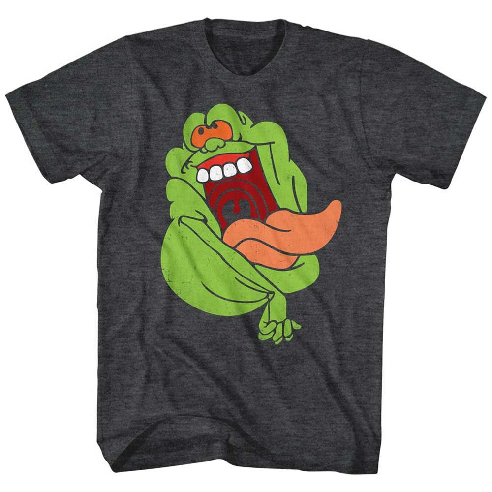 Black Heather The Real Ghostbusters t-shirt featuring a Slimer design