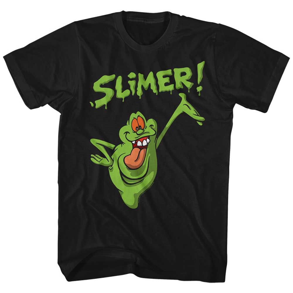 Black The Real Ghostbusters t-shirt featuring a Slimer design