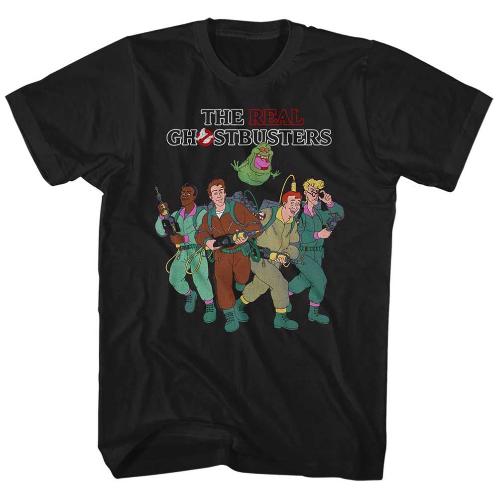 Black The Real Ghostbusters t-shirt featuring a The Real Ghostbusters The Whole Crew design