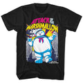 Black The Real Ghostbusters t-shirt featuring a The Real Ghostbusters Marshmallow Attacks design