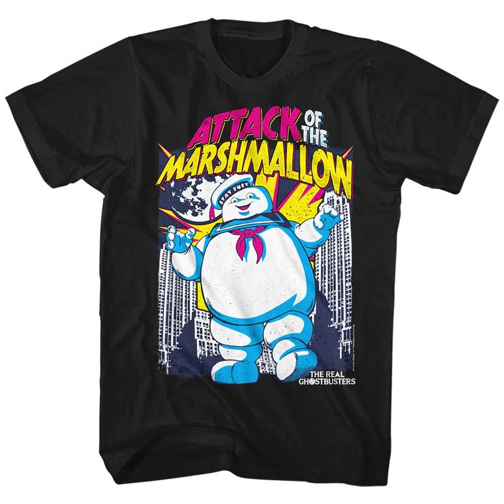 Black The Real Ghostbusters t-shirt featuring a The Real Ghostbusters Marshmallow Attacks design