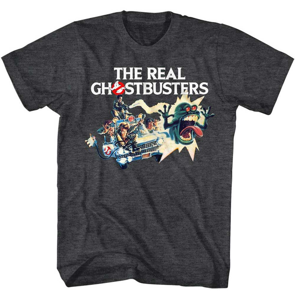 Black Heather The Real Ghostbusters t-shirt featuring a The Real Ghostbusters Car Chase design