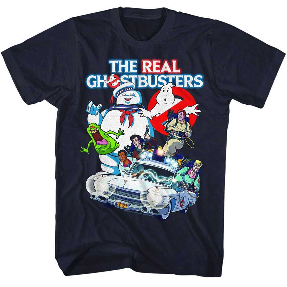 Navy The Real Ghostbusters t-shirt featuring a The Real Ghostbusters Gb Collage design