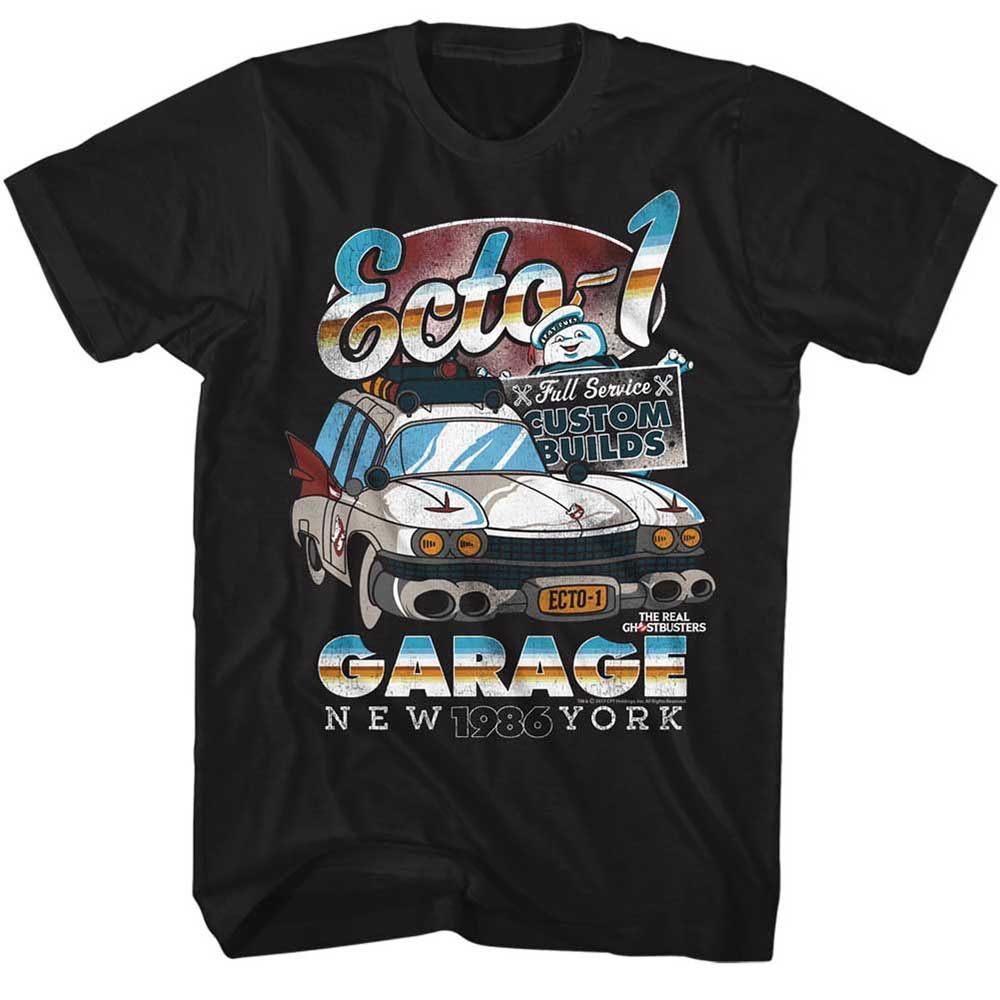 Black The Real Ghostbusters t-shirt featuring an Ecto-1 design