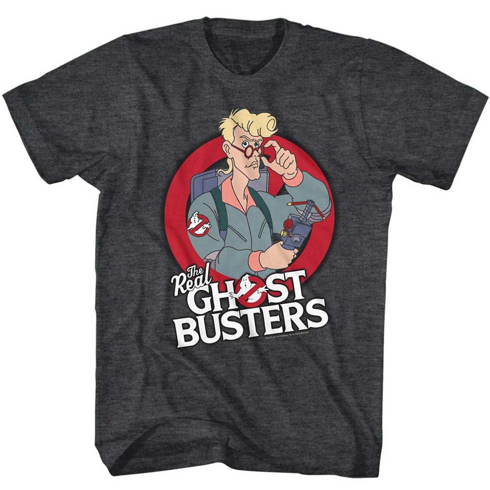 Black Heather The Real Ghostbusters t-shirt featuring an Egon design
