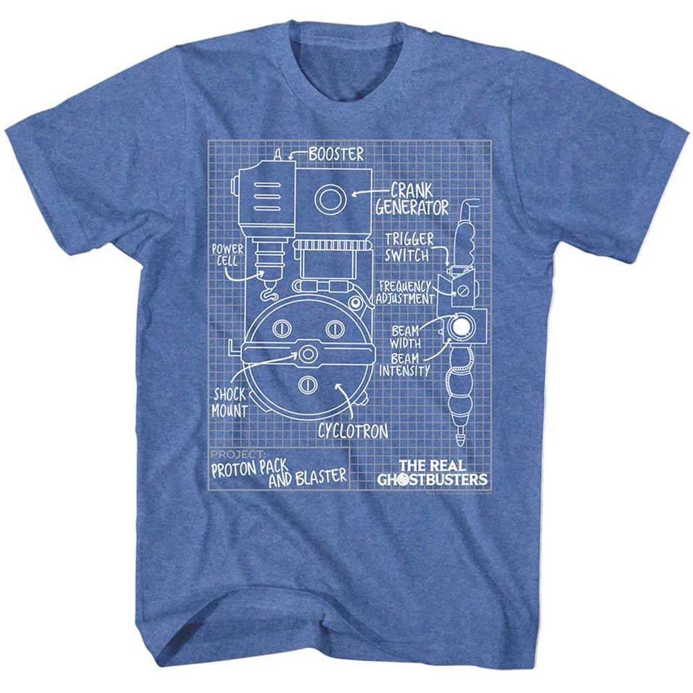 Royal Heather The Real Ghostbusters t-shirt featuring an Ecto-1 blueprints design