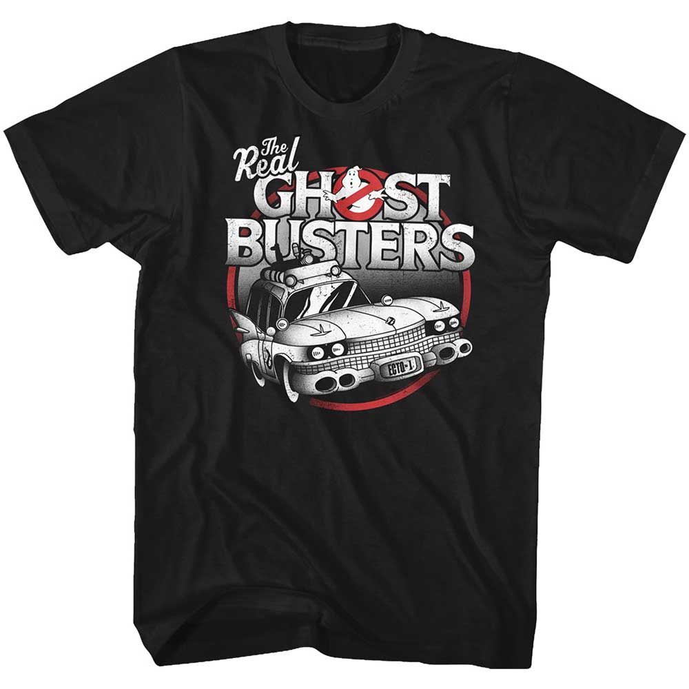 Black The Real Ghostbusters t-shirt featuring an Ecto-1 design