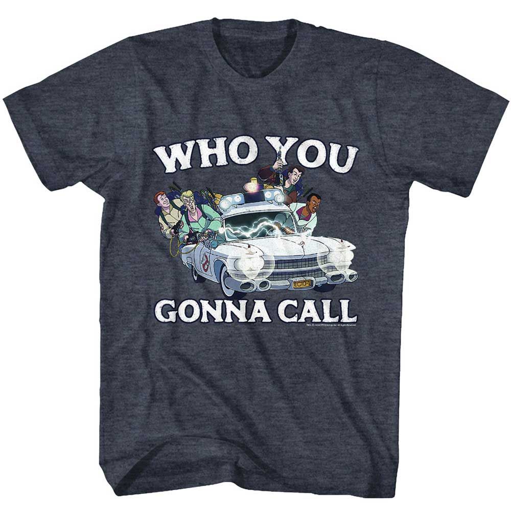 Navy Heather The Real Ghostbusters t-shirt featuring a Who You Gonna Call design