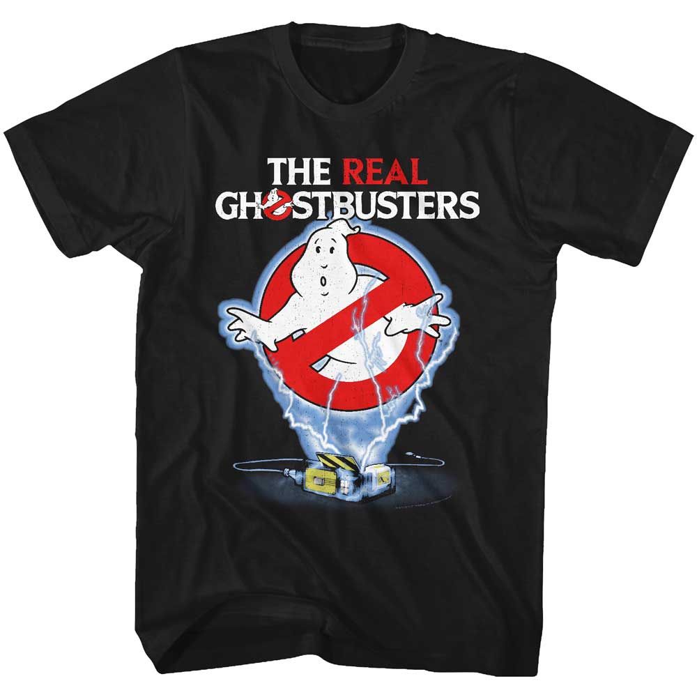 Black The Real Ghostbusters t-shirt featuring a Ghost Trap design