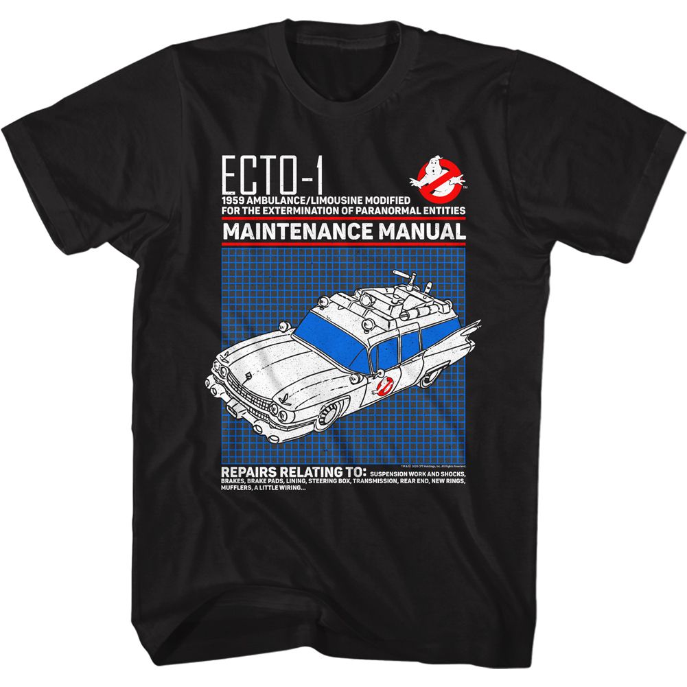 Black The Real Ghostbusters t-shirt featuring an Ecto-1 Manual design