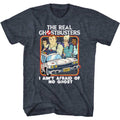 Navy Heather The Real Ghostbusters t-shirt featuring a The Real Ghostbusters Busters and Ecto1 design