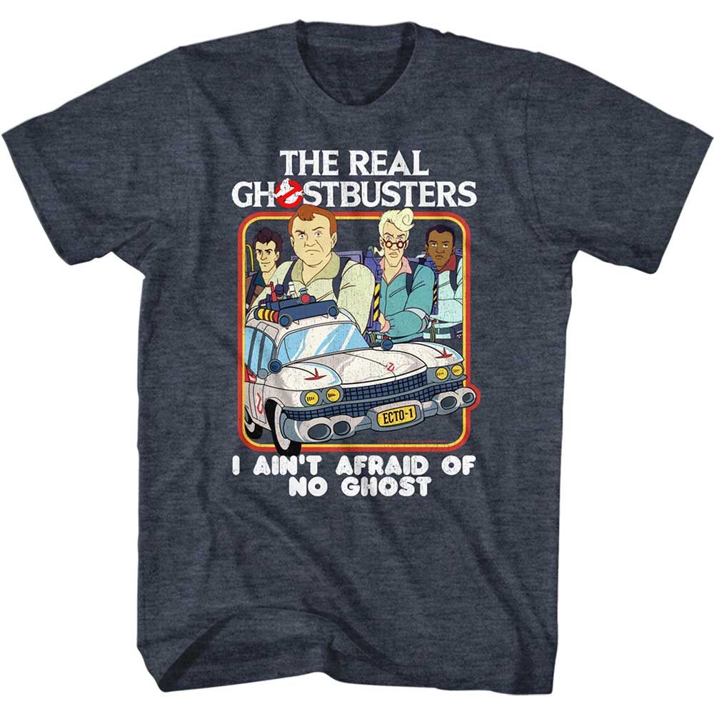 Navy Heather The Real Ghostbusters t-shirt featuring a The Real Ghostbusters Busters and Ecto1 design