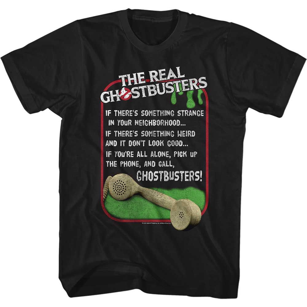 Black The Real Ghostbusters t-shirt featuring a The Real Ghostbusters Something Strange design