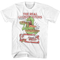 White The Real Ghostbusters t-shirt featuring a The Real Ghostbusters Slimer and Pizza design
