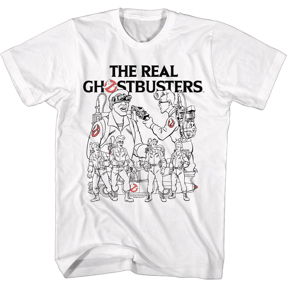 White The Real Ghostbusters t-shirt featuring a The Real Ghostbusters Line Art design