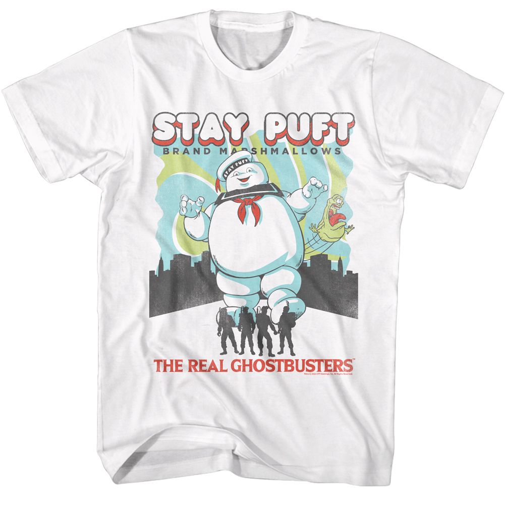 White The Real Ghostbusters t-shirt featuring a The Real Ghostbusters Rgb Stay Puft and Busters design
