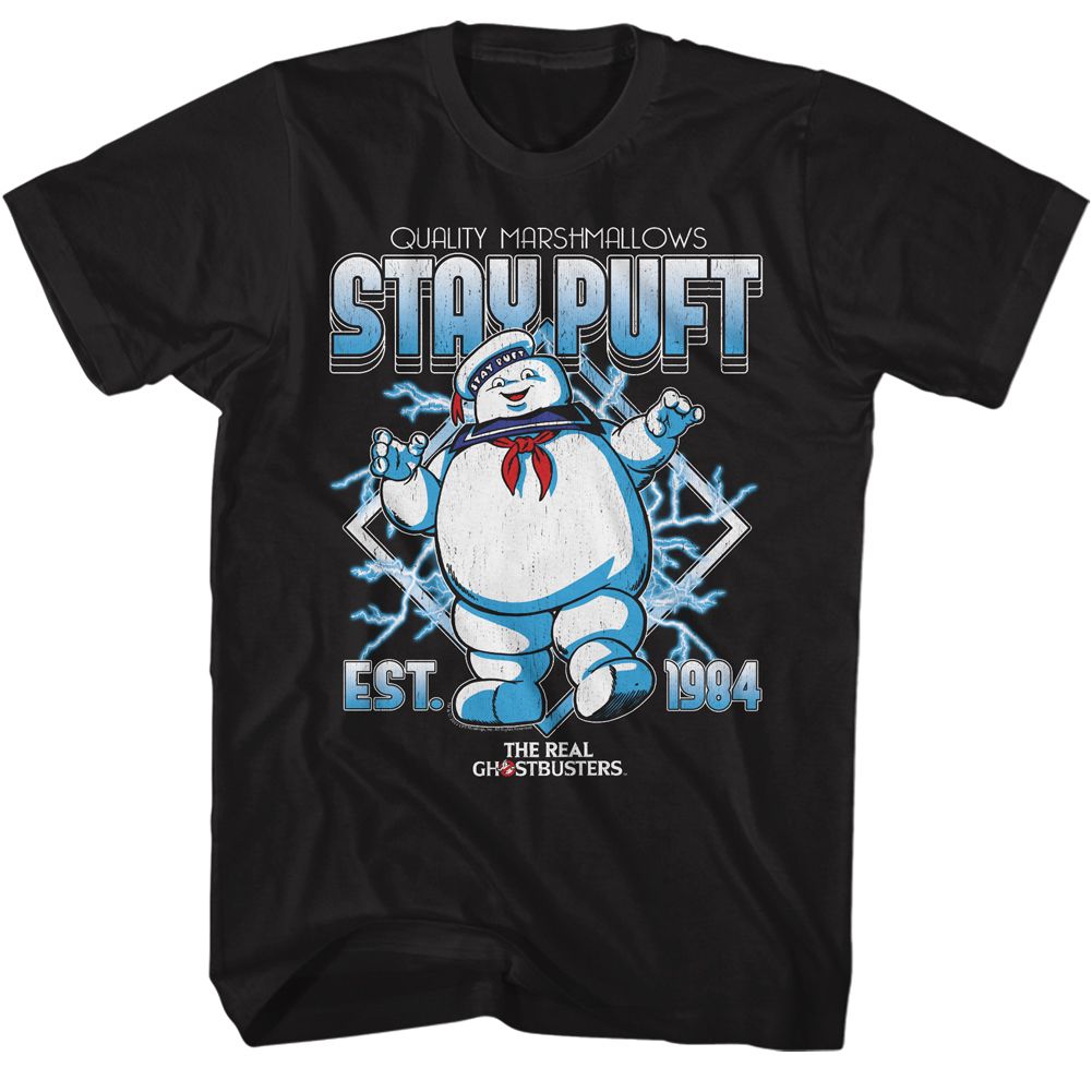 Black The Real Ghostbusters t-shirt featuring a The Real Ghostbusters Rgb Stay Puft Electricity design