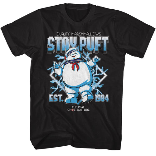 Black The Real Ghostbusters t-shirt featuring a The Real Ghostbusters Rgb Stay Puft Electricity design