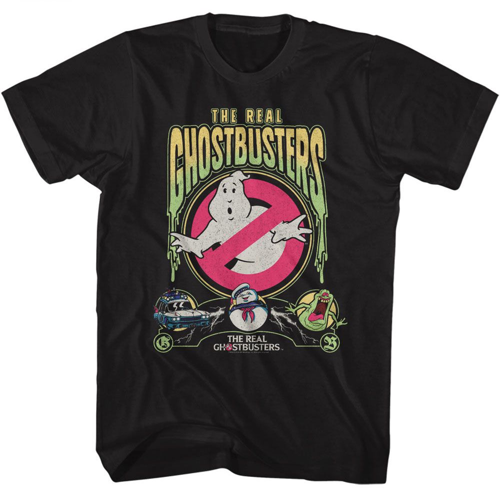 Black The Real Ghostbusters t-shirt featuring a The Real Ghostbusters Rgb Slime Text design